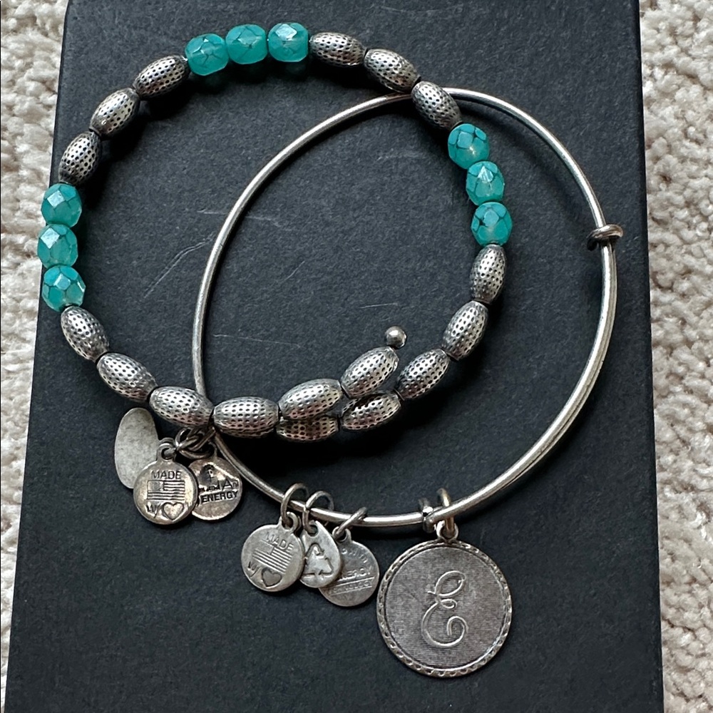 Bundle of 2 Alex and Ani Bangle Bracelets - Silver & Teal Wrap Bracelet & ‘E’